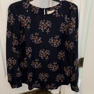 LOFT Navy Floral Long-Sleeve Blouse
